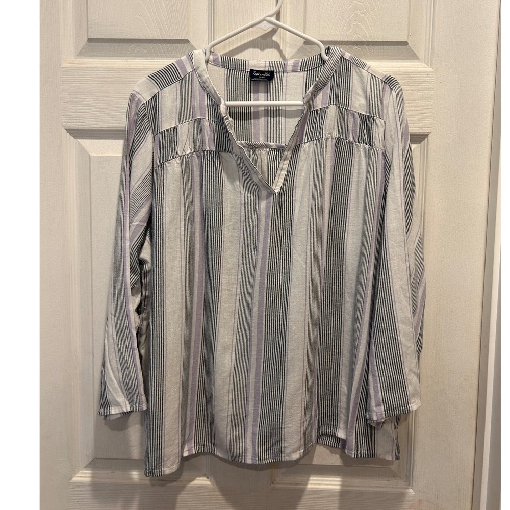 Splendid Womens XL Striped‎ Linen Blend Split Neck 3/4 Sleeve Top Blue Purple